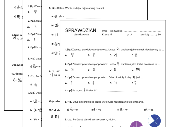 Sprawdzian/karta pracy ułamki zwykłe. Klasa 5