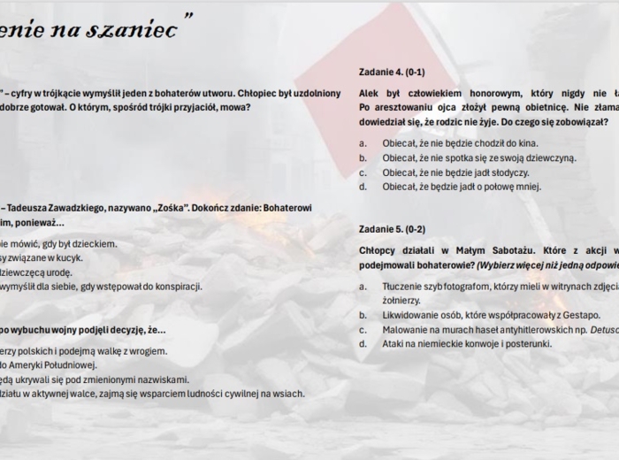 Test wprowadzający/powtórzeniowy do lektury "Kamienie na szaniec"