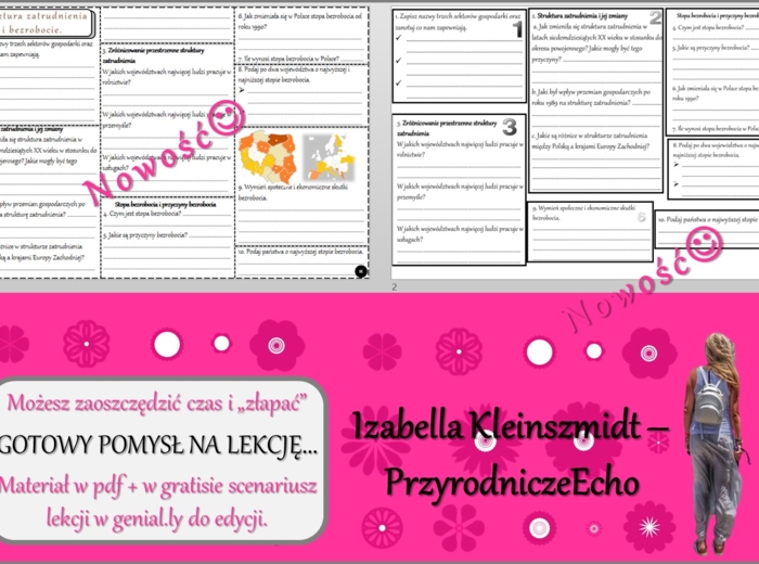Pomysł na lekcję/karta pracy/stacje zadaniowe/ notatki/ materiał do lekcji do tematu „Temat: Struktura zatrudnienia i bezrobocie.” w pdf. W gratisie niekomercyjny scenariusz lekcji/pomysł na lekcję w programie genial.ly do edycji. Geografia 7. Dział „Lud