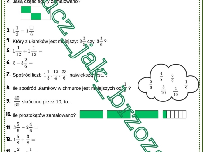 Ułamki zwykłe, powtórzenie w klasie 4, karta pracy z hasłem