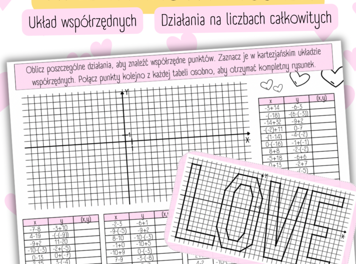 WALENTYNKOWY RYSUNEK - układ współrzędnych/ działania na liczbach całkowitych - Walentynki