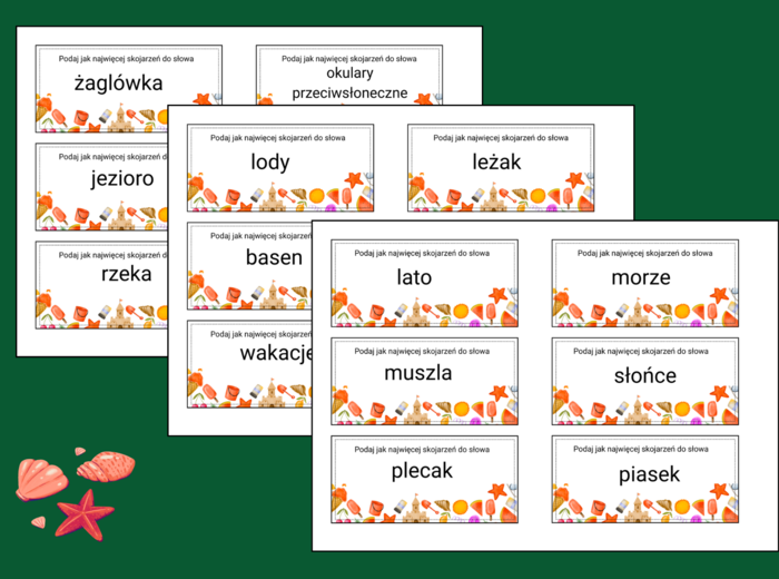 WAKACYJNE SKOJARZENIA - gra - zajęcia z wychowawcą - biblioteka - język polski - 60 fiszek - WAKACJE - LATO