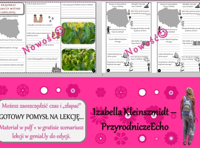 Pomysł na lekcję/karta pracy/stacje zadaniowe/notatki/ materiał do lekcji do tematu „Krajobraz rolniczy Wyżyny Lubelskiej” w pdf. W gratisie niekomercyjny scenariusz lekcji/pomysł na lekcję w programie genial.ly do edycji. Geografia 5. Dział „Krajobrazy 