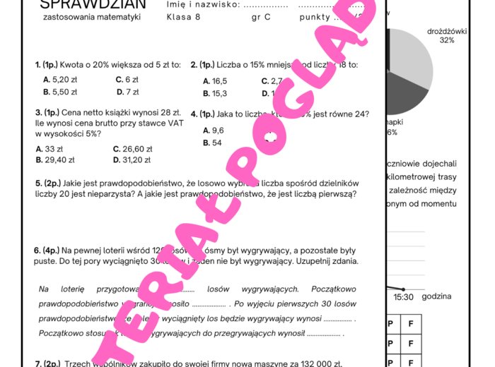 Sprawdzian/karta pracy - zastosowania matematyki. Klasa 8 (procenty, prawdopodobieństwo, podział proporcjonalny, diagramy i wykresy)