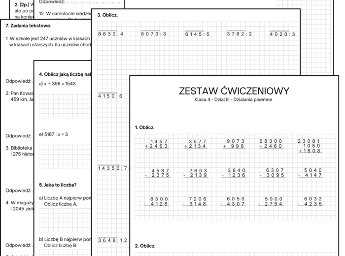 Zestaw powtórzeniowy - dział III działania pisemne. Klasa 4. GWO