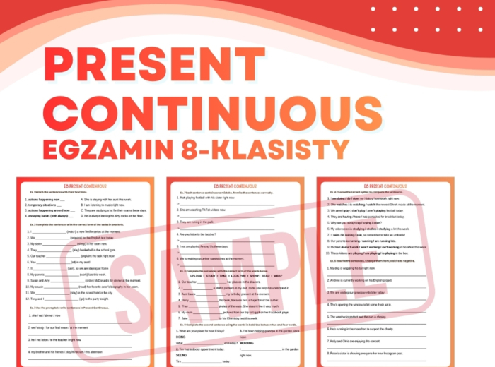 PRESENT CONTINUOUS – Egzamin Ósmoklasisty (E8) + answer key | ESL A2+ / B1 | Zadania przygotowujące do egzaminu 8-klasisty z języka angielskiego