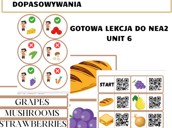 GOTOWA LEKCJA FOOD - NEW ENGLISH ADVENTURE 2 UNIT 6 , prezentacja, flashcards, Qr domino, karty do tworzenia zdań