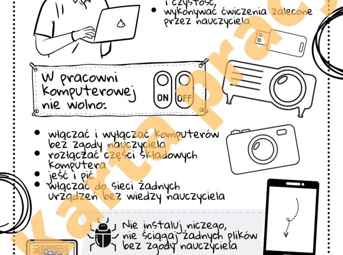 Karta pracy "W pracowni komputerowej" (dwie karty na A4)