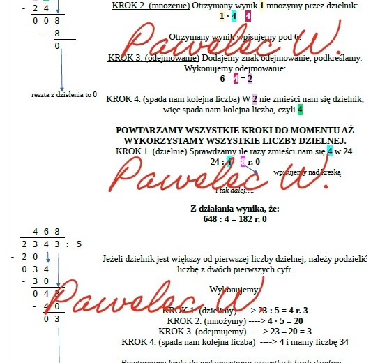DZIELENIE PISEMNE - plakat z wyjaśnieniem i przykładami, kl. 4, kl. 5, kl. 6