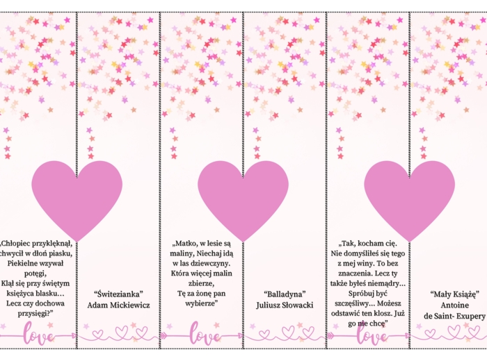 Walentynki- zakładki do książki z cytatami z lektur z klas VII- VIII