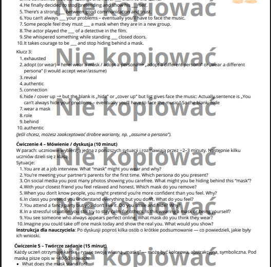 Karta pracy z czytanką "The Secret Behind the Mask" słownictwo: emocje i osobowość B1