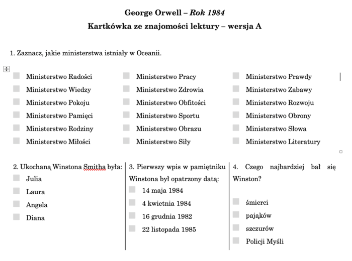 Rok 1984 - kartkówka ze znajomości lektury