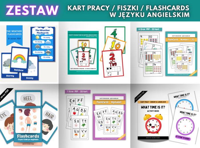 ZESTAW Angielskie Karty Pracy/ Fiszki / Flashcards po angielsku.