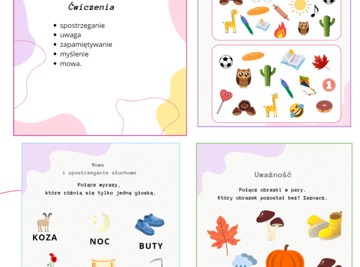 ROZWIJANIE FUNKCJI POZNAWCZYCH (0-3) - karty pracy ĆWICZENIA - kolorowe