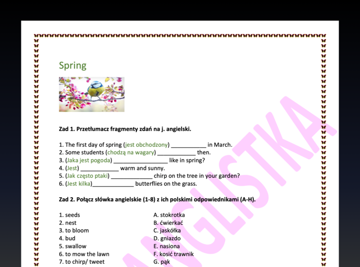 Spring- cztery ćwiczenia związane z wiosną i ogrodem +klucz