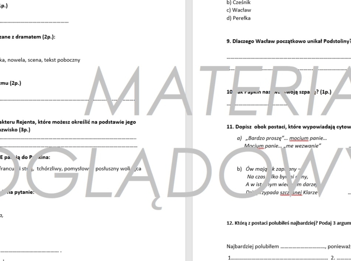 "Zemsta" - karta kontrolna/sprawdzian wiadomości