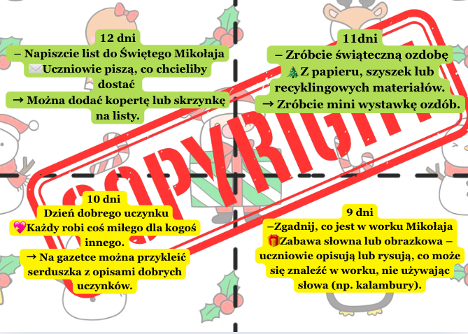 🎄 Gazetka „Odliczanie do Mikołajek| 2 plakaty 4x A4|Zadania dla dzieci na każdy z 12 dni| Malowanka z elfem w 2 wersjach|+ grafika niespodzianka!