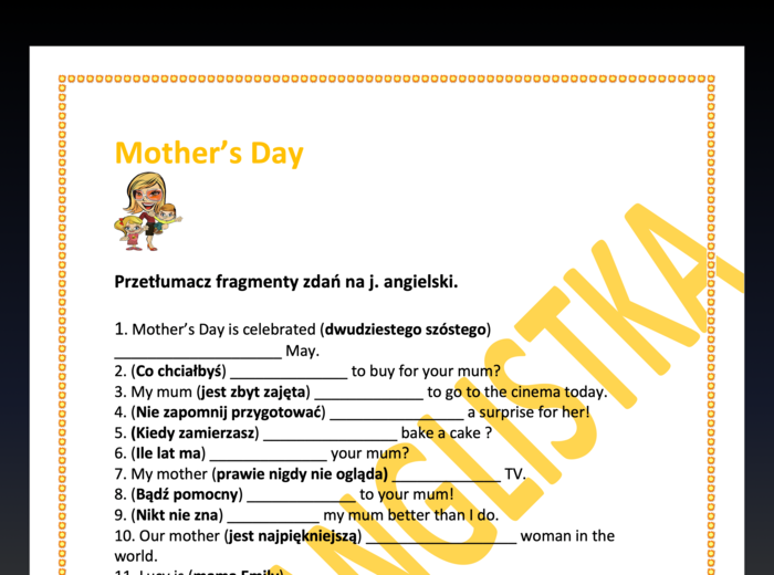 Mother's Day - Dzień Matki - tłumaczenie fragmentów zdań- EGZAMIN ÓSMOKLASISTY I NIE TYLKO- KLUCZ