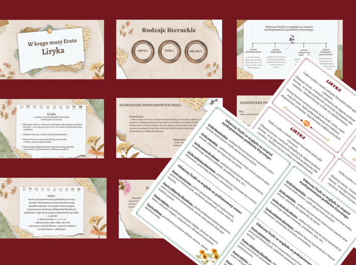 LIRYKA – prezentacja + 2 wklejki: liryka i odmiany liryki - egzamin - powtórzenie - kl. .4-8