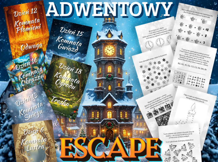 KALENDARZ ADWENTOWY - ESCAPE ROOM - Adwent, Boże Narodzenie, Święta, łamigłówki, opowiadania, gra, zadania, szyfr, kod, wartości, godzina wychowawcza, klasa 1, 2, 3, 4, 5, zerówka, karty pracy, dodawanie, liczby, liczenie