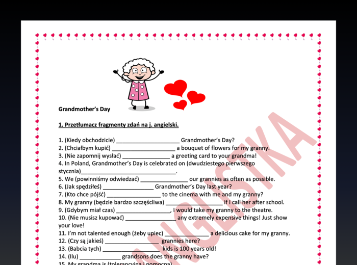 Dzień babci - Grandmother's Day- tłumaczenie fragmentów zdań dla ósmoklasistów- 40 przykładów + klucz