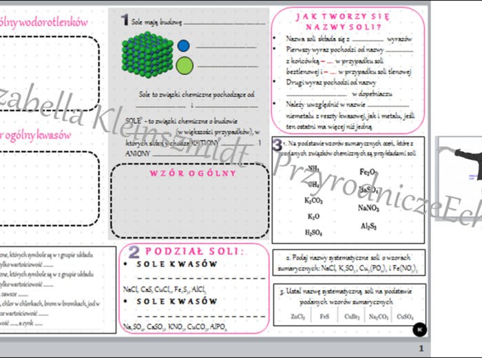 Karta pracy do tematu „Wzory i nazwy soli” oraz gratisowo pomysł na lekcję multimedialną z monitorem multimedialnym lub z tabletami (w formie niekomercyjnej prezentacji do edycji – krok po kroku) wykonany w genially https://view.genial.ly/638b493efcaa150