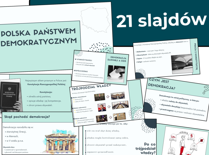 Prezentacja „Polska państwem demokratycznym” – 21 slajdów, klasa 8, WOS. Demokracja, Konstytucja RP, trójpodział władzy, wybory. Edytowalny materiał dydaktyczny
