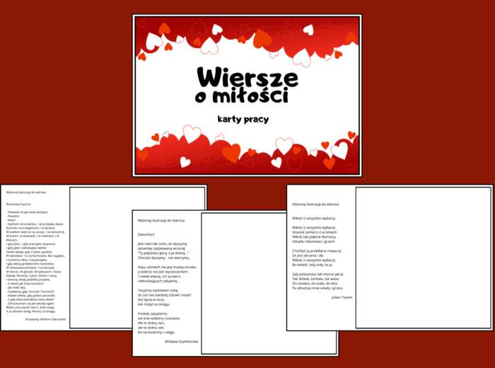 WALENTYNKI – WIERSZE o miłości - Dzień Kobiet - karty pracy – karta pracy – biblioteka – świetlica