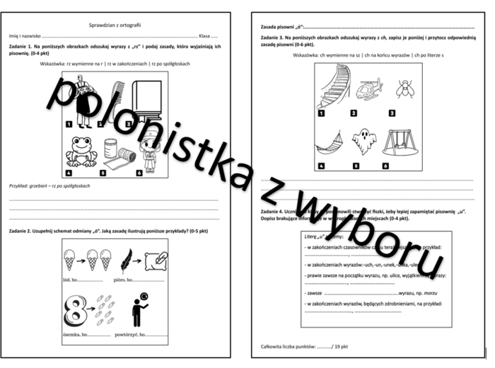 Sprawdzian z ortografii dla klasy 4 SP (ż-rz, ó-u, h-ch)