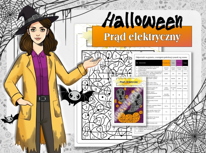 Klasa 8. Fizyka. Kolorowanka naukowa na temat prądu elektrycznego w klimacie Halloween.