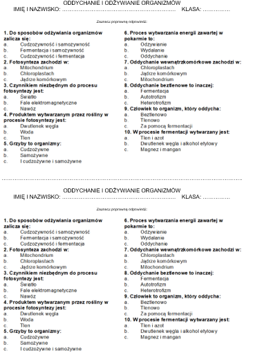 Oddychanie i odżywianie organizmów - test, kartkówka