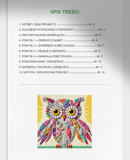 Wyklejanie z materiałów odpadowych. Drzewo z gazet. Sowa z nakrętek. Mandala