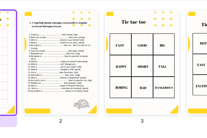 Stopniowanie przymiotników (Comparatives and Superlatives) + tic-tac-toe