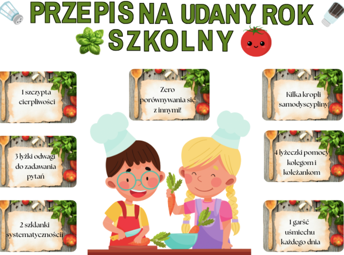 Gazetka edukacyjna – „Przepis na udany rok szkolny” 📄 48 stron PDF do druku | Format A4 i większy | Zestaw z dużym plakatem