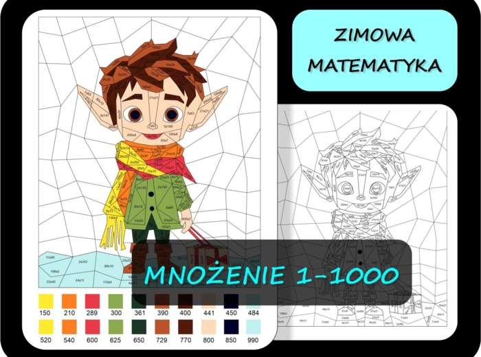 Kolorowanka matematyczna, mnożenie 1-1000, tabliczka mnożenia, świąteczna matematyka, mnożenie liczb dwucyfrowych 5 ELF