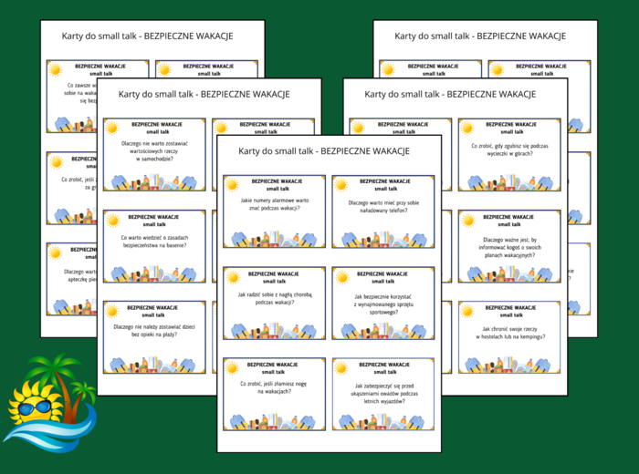 BEZPIECZNE WAKACJE – karty do SMALL TALK – wakacje – ZAJĘCIA Z WYCHOWAWCĄ – biblioteka – świetlica – gra – 60 pytań - TUS