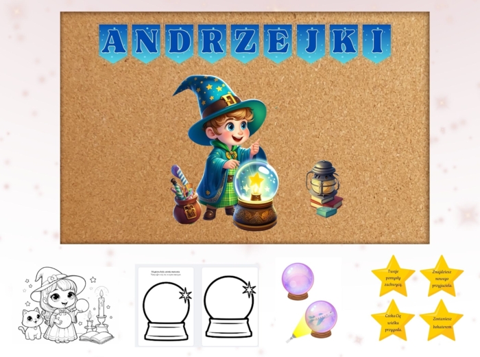 ANDRZEJKI - dekoracja, napis, wróżba z latarka, kolorowanka