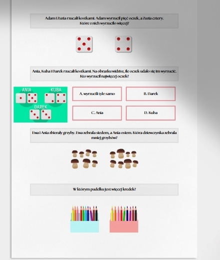 Więcej, mniej, tyle samo. Karta pracy. Sprawdzian