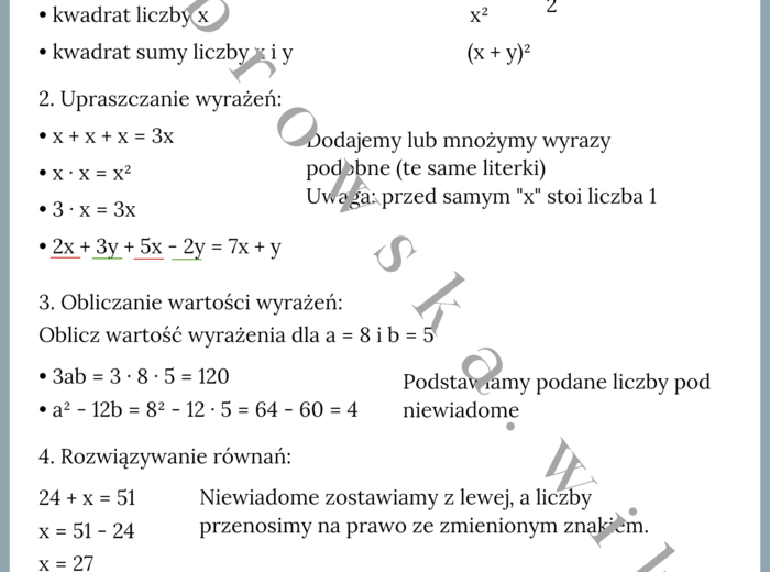 Wstęp do wyrażeń algebraicznych i równań - notatka