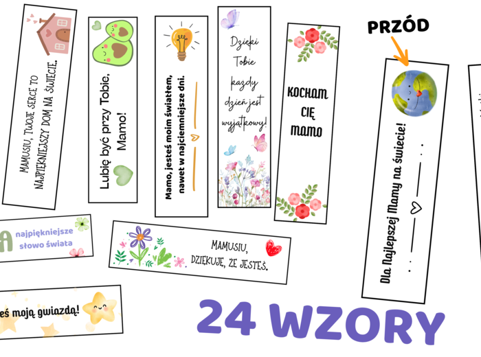 Zakładki na Dzień Matki – 24 gotowe wzory do druku 🌸Piękny i szybki prezent dla mamy od dziecka/dwustronne-miejsce na imię ucznia