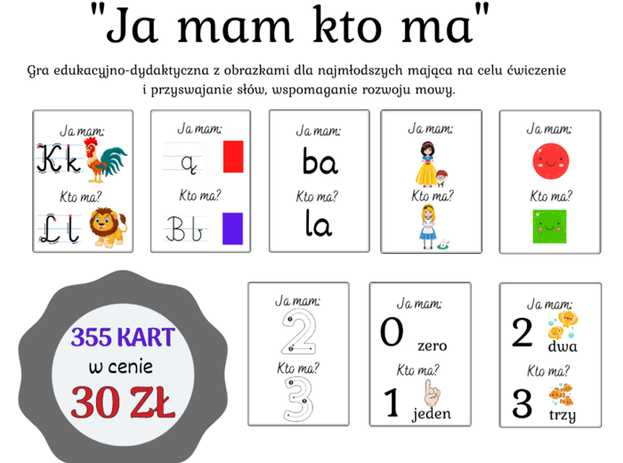 Gra dydaktyczna "Ja mam kto ma" - 8 zestawów. Wielkość kart A5