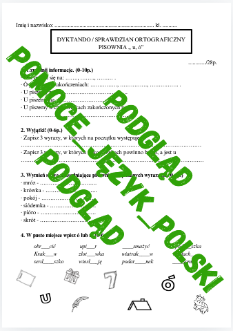 Pisownia u,ó - sprawdzian ortograficzny, dyktando + klucz odpowiedzi