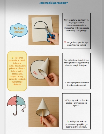Deszczowe parasolki z papieru, sznurka i patyczków