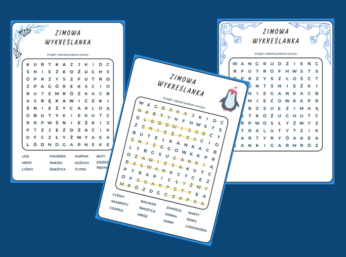 ZIMOWA WYKREŚLANKA - zima - 3 wersje - ćwiczenia redakcyjne, ortograficzne