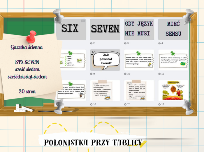 Gazetka „SIX SEVEN — gdy język nie musi mieć sensu” gazetka ścienna, gazetka całoroczna, młodzieżowe słowo roku