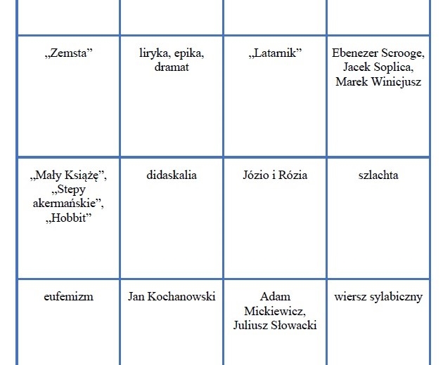 Powtórz przed egzaminem - "literackie bingo"