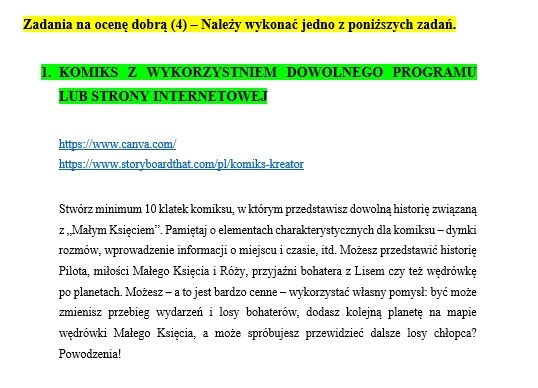 "Mały Książę" - projekt podsumowujący pracę z lekturą (zadania poziomowane)