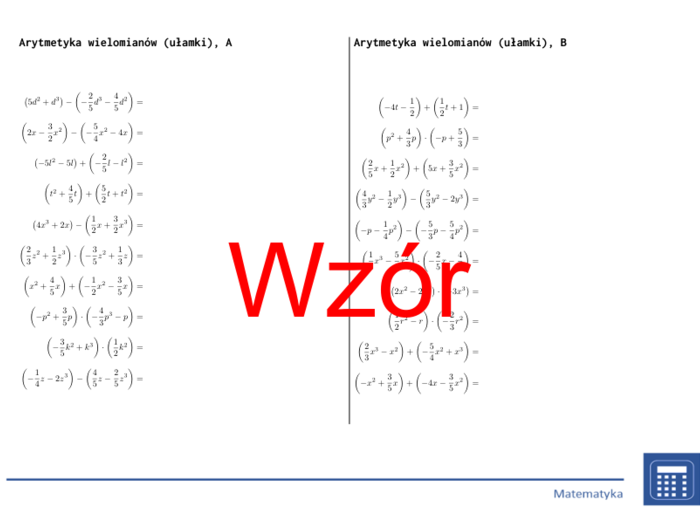 Arytmetyka wielomianów (ułamki) | matematyka, algebra | 26 kolumn