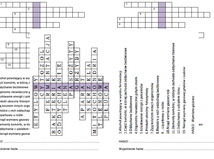 Logogryf dla klasy 5 na podsumowanie lekcji o oddychaniu organizmów