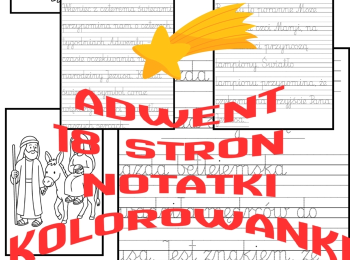 9 pięknych kolorowanek adwentowo-bożonarodzeniowych oraz 9 kart do pisania po śladzie.
